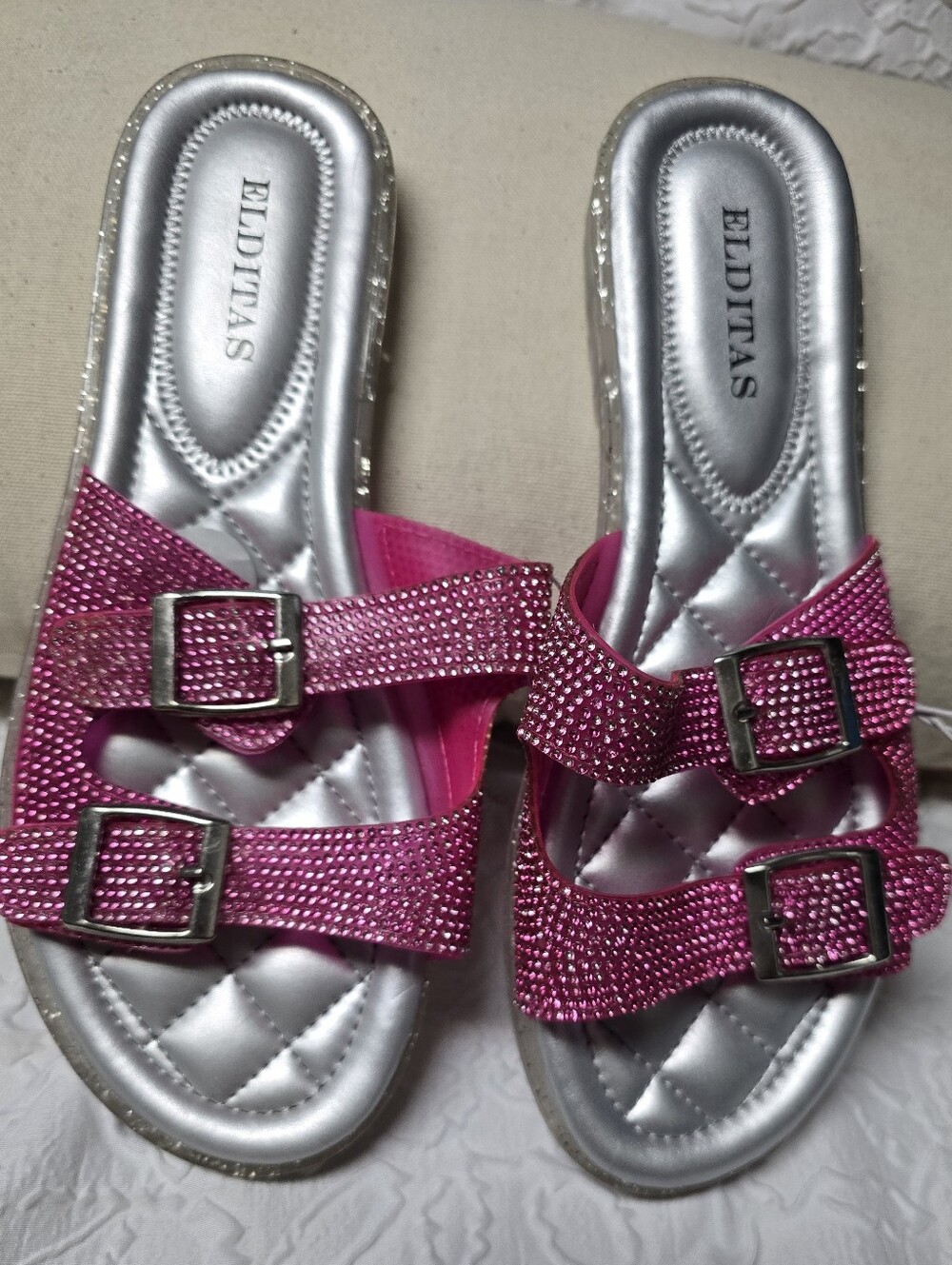 Elditas Allison Pink Rhinestones Slip-On Slides Sandal Womens Shoe Size 7W